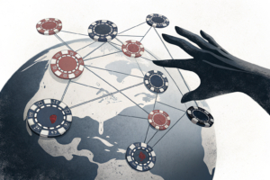 A tangled web of interconnected poker chips stretches across a digital globe, with a looming hand casting a shadow over international players.
