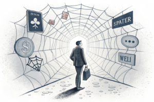 A solitary figure is caught in a glowing, intricate digital web woven from abstract betting interfaces, with an unseen force subtly pulling them deeper into its center.