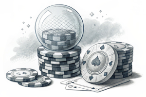 A digital fence surrounds a stack of fading gambling chips, while a crystal ball hovers above, reflecting the future of online gambling regulations.