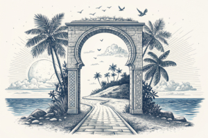 A digital gateway opens in the sky, connecting a tropical island to a global network of opportunities.
