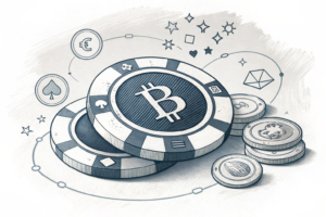 A stylized betting chip, deeply rooted, supports and nourishes a vibrant, abstract ecosystem of commerce and social connection.
