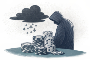 A shadowy figure casts a dark cloud over a stack of fading gambling chips, symbolizing the halt of licensed gambling operations due to alleged financial irregularities and criminal links.