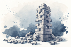A towering structure of abstract, interlocking game pieces crumbles at its base as a heavy, unseen force systematically removes foundational elements.