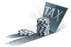 A towering digital tax percentage sign casts a shadow over a diminishing stack of virtual betting chips.