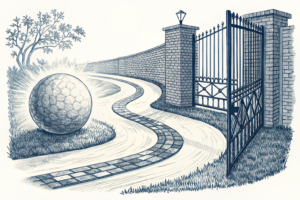 A single, abstract, glowing orb attempts to navigate a winding path lined with a chaotic mix of open, partially closed, and firmly bricked-up gates.