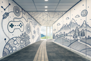 A translucent digital wall rises to block a path leading to a glowing, abstract landscape of interconnected gaming elements.