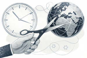 A hand holding a globe with interconnected lines symbolizing international expansion, while a digital clock shows the passing of time and a pair of scissors cuts through a digital stream of money.