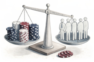 A diverse group of abstract figures stand on a scale, with the balance tilted towards a stack of casino chips, symbolizing the imbalance in executive diversity at different properties.