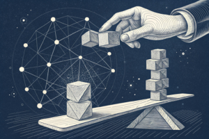 An intricate, glowing digital network subtly influences the precarious balance of a stack of abstract, geometric blocks, causing some to teeter towards an unseen void, while a large, featureless hand hovers, poised to stabilize them.