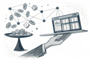A digital betting platform is held in a temporary, precarious balance by a large, unseen hand, while a subtle, glowing network of data streams beneath it subtly guides falling coins.