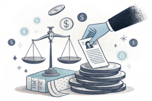 A stylized legal document is precariously balanced atop a stack of abstract, glowing tokens, while a large, authoritative hand reaches in to stabilize or remove them.