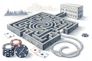 A maze of intertwined ropes symbolizing the complexity of gambling regulation, with a distant light representing future reforms.