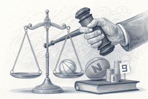 A scale tips as a digital sports contract fades away, while a hand holds a gavel in the background.