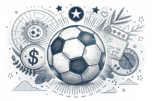 A glowing soccer ball surrounded by abstract geometric shapes symbolizes international sports sponsorship and partnership.