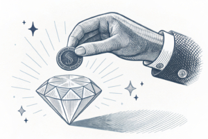 A hand releases a small, dull coin, allowing it to fall into shadow, while simultaneously reaching for a much larger, radiant gem.