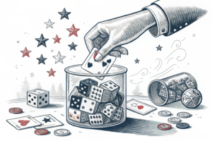 An abstract, monolithic hand systematically collects a stream of glowing, geometric game pieces into a vast, unseen container.