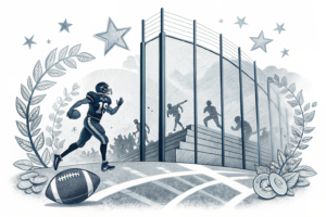 A translucent, digital barrier rises from a stylized field of abstract sports elements, subtly deflecting fragmented, shadowy forms attempting to cross it.
