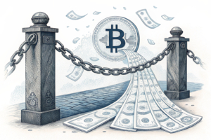 A sturdy, symbolic barrier struggles to contain a torrent of shimmering digital currency that flows relentlessly into a vast, intricate, and shadowy digital web.