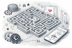 A maze of interconnected digital devices symbolizes a path to recovery for those affected by gambling harm.