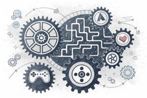 A maze of interconnected gears symbolizes the consolidation of technical requirements into a unified structure for gaming equipment and systems.