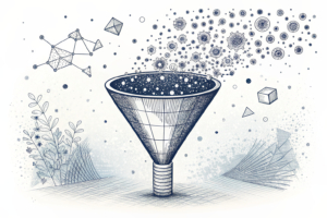 A stream of glowing, abstract data points, representing predictions, flows into a stark, geometric legal funnel that reconfigures them into solid, restrictive blocks.