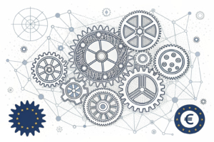 A large, intricate web of interconnected gears and cogs symbolizing the complex regulatory challenges facing prediction markets in Europe.