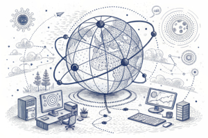 A vast, intricate digital network actively monitors and redirects chaotic energy flows away from a delicate, glowing sphere.