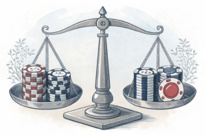 A scale balancing between the restriction of online casino gambling and the liberation of sports bets, with a stack of digital chips representing the ongoing debate.