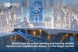 A conceptual 3D illustration set on the marble plaza of a neoclassical government building, illustrating the debate over online gambling regulation. In the top-left corner, the white Focus Gaming News logo is displayed. On the sunlit upper level, grey, statue-like figures of officials and observers gesture around a central glass plinth holding a giant blue smartphone encased behind a glass barrier, displaying a casino chip and a locked blue padlock next to a large gavel. Directly underneath, a cutaway cross-section reveals a dim, underground tunnel where glowing blue casino chips travel along a conveyor pathway toward shadowy figures operating another smartphone, symbolising the black market. At the bottom, the headline is printed in bold white text: ‘Brazil's ban on online gaming and betting divides opinion and reignites the debate on the illegal market’.