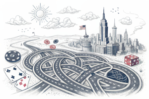 A maze of intertwined roads leads to a glowing, distant cityscape, symbolizing the complex journey ahead for a proposed casino project.