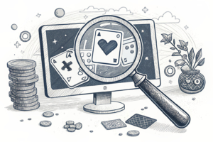 A digital screen displays an enticing game, but a magnifying glass held over it reveals a fragile, crumbling foundation beneath its polished surface.