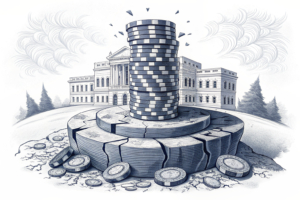 A grand, intricate structure built from stacked gaming chips stands precariously on a visibly fractured and unstable base.