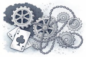 A digital puzzle piece fits into a complex network of interconnected gears and chains, symbolizing the expansion of oversight into emerging gambling sectors.