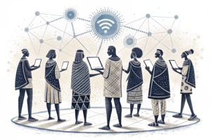A diverse group of abstract tribes stand united, each holding a unique digital platform, while a central entity oversees the exchange and trade clearing process.