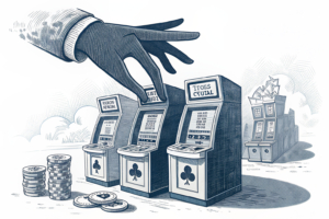 A giant hand hovers over a stack of digital skill-game machines, casting a shadow of enforcement and uncertainty.