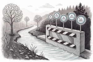 A low, symbolic barrier attempts to block a river of abstract, glowing symbols, which simply flows around it and continues downstream.