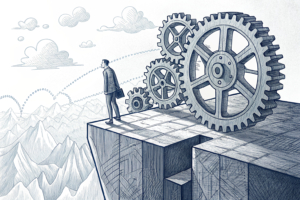 An abstract, intricate mechanism representing a market teeters on the edge of a solid, geometric platform, with a vast, undefined expanse stretching out below and beyond.