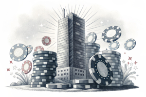 A crumbling tower of digital casino chips surrounded by fading neon lights symbolizes the closure of multiple gambling establishments.