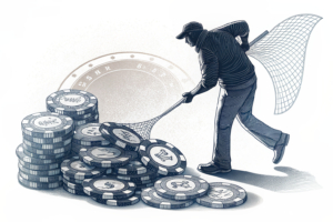 A shadowy figure casts a net over a group of intertwined gambling chips, as they slowly vanish into the darkness.