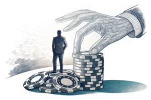 A shadowy figure stands behind a stack of digital betting chips, while a giant hand holds a fine over them.