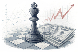 A single, evolving form shifts between the rigid structure of a financial graph and the fluid randomness of a game piece.
