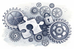A puzzle piece fits into a complex network of interconnected gears and locks, symbolizing the need for effective coordination between authorities for regulating prediction market platforms.