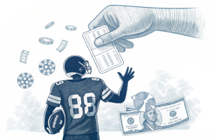 A shadowy figure in a football jersey holds a lottery ticket while a giant hand hovers above, symbolizing identity fraud in the gambling industry.