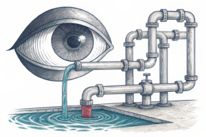 A giant, disembodied eye peers closely at a complex, transparent system of interconnected pipes, where a promised flow of vibrant liquid for a collection basin below appears significantly diminished.