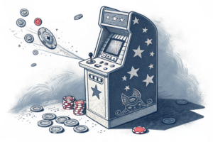 A stylized, generic gaming machine is being dismantled by an unseen, powerful force, its glowing components scattering into darkness.