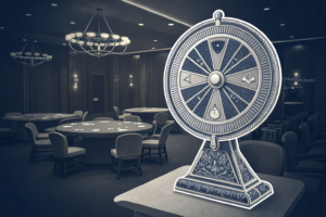 A spinning prize wheel stands in a dimly lit room surrounded by poker tables, symbolizing an illegal gambling operation.