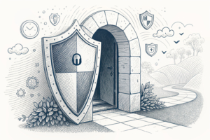 A protective digital shield has a section that subtly shifts its form to resemble an inviting, open gateway.