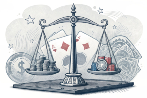 A scale tips as a digital platform rises while traditional igaming symbols fade into the background.