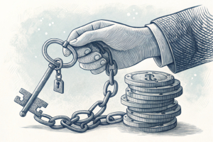 A giant hand holds a key, unlocking a chain wrapped around a stack of digital coins, symbolizing the need for gambling companies to allow easy account termination without persuasion.