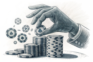 A giant hand imposes a limit over a stack of digital poker chips that fade away.
